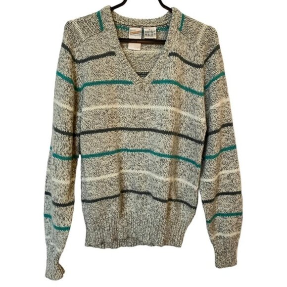 Vintage Strategy Wool Blend Gray Knit Striped V-neck Sweater - Picture 1 of 6